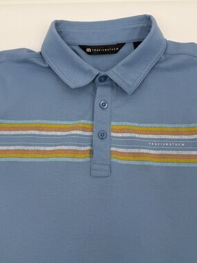 Travis Mathew Polo Shirt Men Small Light Blue Orange Yellow Stripe Short Sleeve